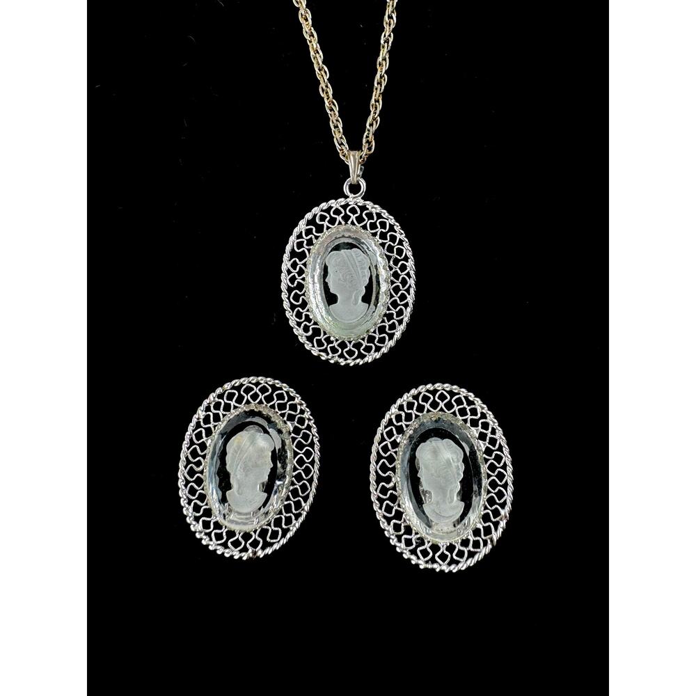 Whiting & Davis Cameo Demi Parure Vintage Necklace and Clip On Earring Set